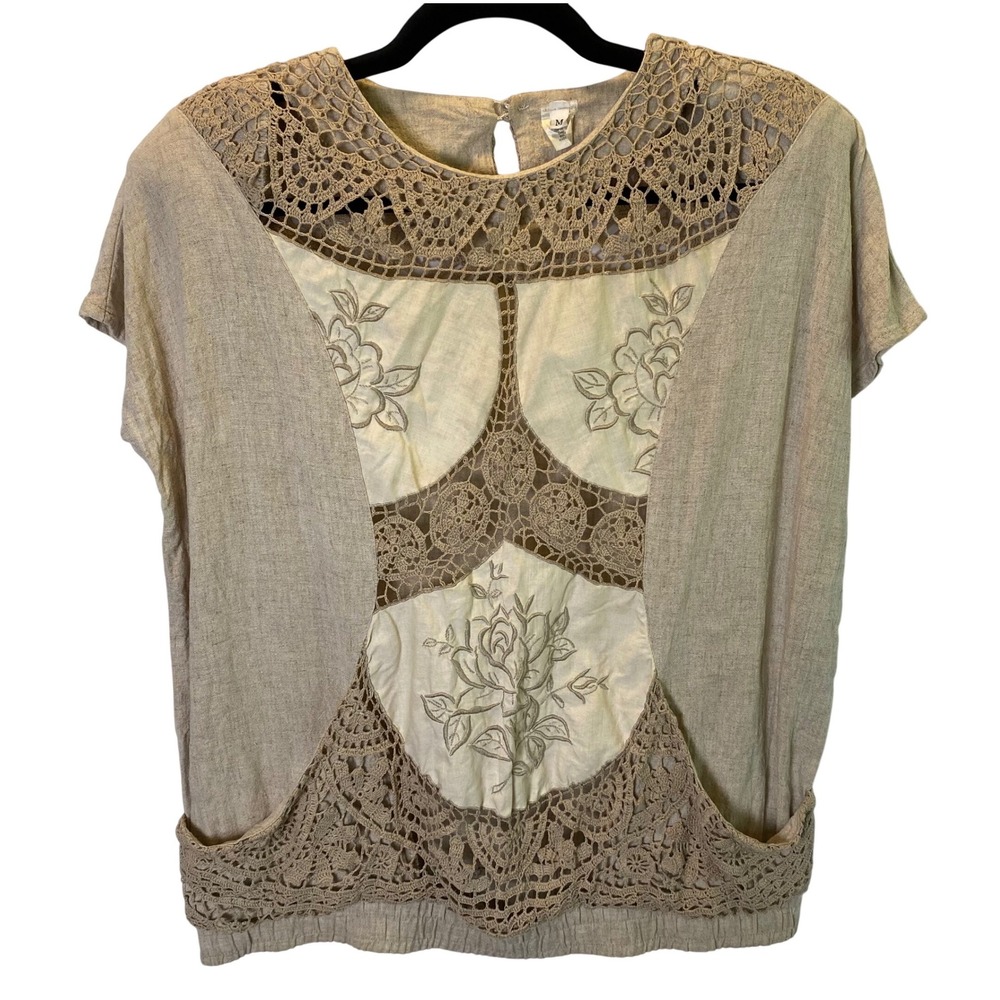 Crochet Lace Blouse Medium Beige Linen Blend Floral Embroidered Boho Cottagecore